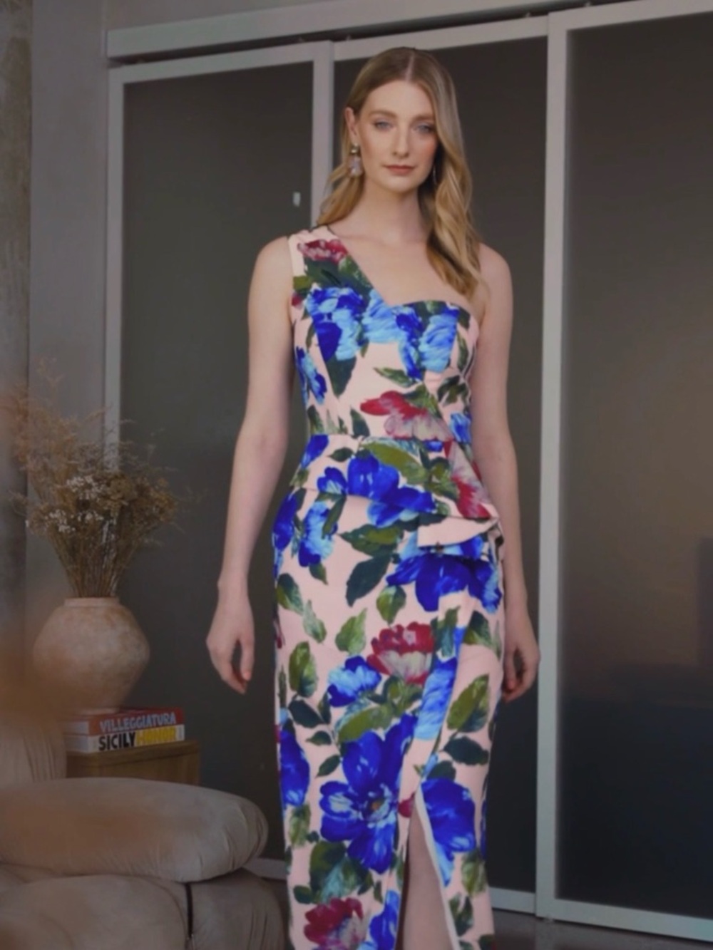 Kay Unger One-Shoulder Pink Dress with Blue Floral Print - Picture 2 of 14